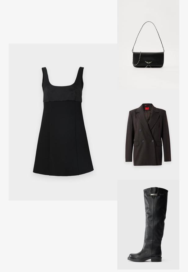 Tumedast pruunist saablaseemnega kahepoolne bleiser, millel on teravad kraed, kaks esistaskut ja mustad nööbid. Sile tekstuur ja kohandatud lõige. Punane sisekleeps.; Must muströöviga must kleit, millel on vormitud bodice ja A-line siluett. Valmistatud siledast kangast, minimalistlikus ja ülevaates kujunduses.; Põlvekõrgused mustad nahast saapad, millel on sile tekstuur, ümar varvas ja madal plokknina. Ülemise osa peal on hõbedane aktsent.; Mustvalge nahk käekott hõbedase ahelsanga ja dekoratiivsete tiivaaktsentidega, samuti valgete õmblustega alumises ühenduses.