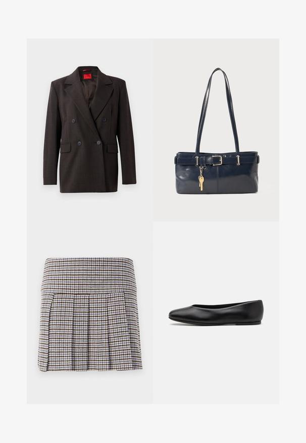 Blazer doppiopetto marrone scuro con rever a punta, due tasche frontali e bottoni neri. Tessuto liscio e vestibilità su misura. Etichetta interna rossa.; Maglione blu navy con un classico collo rotondo, polsini a righe e orlo a costine. Realizzato in tessuto morbido con una texture liscia.; Gonna plissettata con un motivo a quadri nei toni marrone, beige e blu. Realizzata in un tessuto texturizzato con una vita aderente e pieghe decorative.; Paul Smith TOPANGA - Ballerine - black; Borsa a mano in pelle blu con due manici lunghi, un dettaglio con fibbia e un portachiavi attaccato. Presenta una texture liscia e una forma rettangolare.