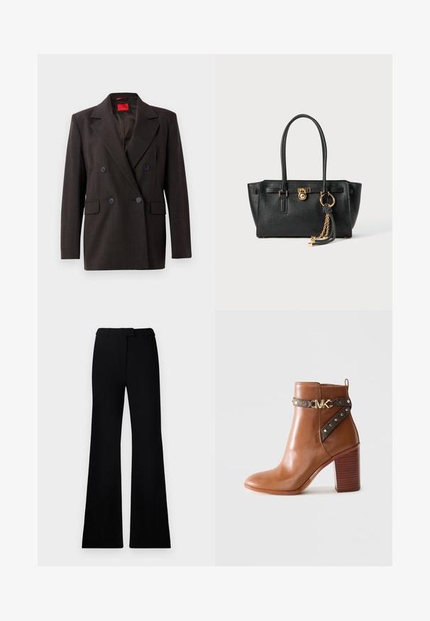 Dvoredna tamnosmeđa blejzerica s oštrim reverima, dva prednja Džepa i crnim dugmadima. Glatka tekstura i kroj koji se prilagođava tijelu. Crvena unutrašnja oznaka.; Smeđa faux kožna košulja-jakna s ovratnikom, prednjim kopčanjem na gumbe i dva džepa na prsima. Ima glatku teksturu i prilagođeni kroj.; Crne široke hlače s glatkom teksturom, krojenim pojasom i prednjim džepovima, dizajnirane s elegantnim, modernim siluetom.; Smeđe kožne čizme do gležnja s blok petom, bočnom trakom koja ima zlatne studove i zlatnu kopču s "MK" logom.; Crna kožna torba s dvostrukim ručkama, zlatnom bravicom i lancem kao detaljem, te crno-bijelim resicom kao dodatkom, sve na bijeloj pozadini.