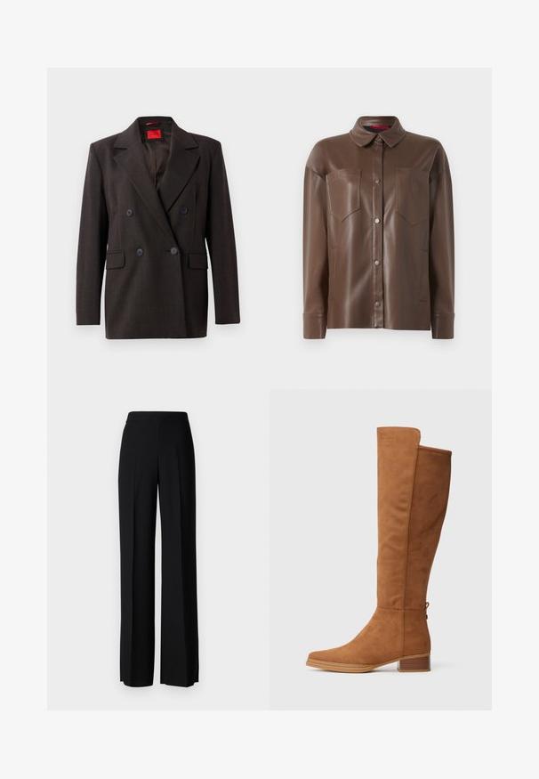 Sacou închis maro, cu două rânduri de nasturi, revere ascuțite, două buzunare frontale și nasturi negri. Textură netedă și croială ajustată. Etichetă interioară roșie.; Jacket cămașă din piele ecologică maro, cu guler, închidere frontală cu butoane și două buzunare la piept. Prezintă o textură netedă și o croială ajustată.; Pantaloni negri cu picioare largi, cu o textură netedă, având o talie înaltă și pliseuri centrale. Fără modele vizibile sau detalii de hardware.; Cizme din suede maro înalte, cu vârf rotunjit, toc bloc moderat și un detaliu cu cusături pe lateral. Textură netedă și design simplu.
