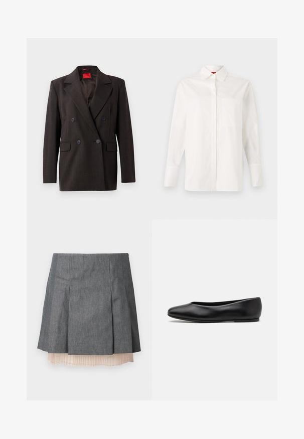 Blazer escuro castanho de dupla abertura com lapelas em pico, dois bolsos frontais e botões pretos. Textura suave e ajuste feito à medida. Etiqueta interior vermelha.; Camisa branca de manga longa feita de algodão, com um colarinho clássico, um único bolso no peito e punhos com botões. Textura suave, corte reto.; Saia plissada cinza com acabamento texturizado, apresentando uma camada interior plissada de rosa claro semi-translúcida e um fecho de zíper lateral.; Paul Smith TOPANGA - Sabrinas - black