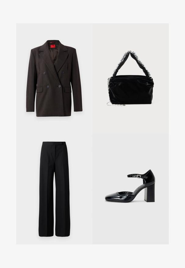 Διπλής όψης καστανό καφετί σακάκι με αιχμηρές πέλματα, δύο μπροστινές τσέπες και μαύρα κουμπιά. Λείος σκελετός και προσαρμοσμένη εφαρμογή. Κόκκινη εσωτερική ετικέτα.; Μαύρο βαμβακερό κοντομάνικο μπλουζάκι με στρογγυλή λαιμόκοψη. Διαθέτει χαλαρή εφαρμογή και απλό, χωρίς στολίδια σχέδιο.; Φαρδιά μαύρα παντελόνια με λεία, ματ υφή. Ίσια μέση χωρίς ορατό μηχανισμό ή σχέδια. Απλός και κομψός σχεδιασμός.; Μαύρα παπούτσια ψηλοτάκουνα από πατενέ δέρμα με τετράγωνη μύτη, λουρί στον αστράγαλο και χοντρό τακούνι. Περιλαμβάνει διάτρητο σχέδιο γύρω από την άκρη.; Μαύρη τσάντα χειρός από συνθετική δερμάτινη υφή, με υφασμάτινη επιφάνεια, που διαθέτει μια ασημί λεπτομέρεια με χάντρες κατά μήκος της επάνω λαβής και αλυσίδα.