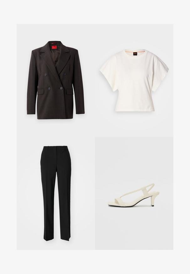 Sacou închis maro, cu două rânduri de nasturi, revere ascuțite, două buzunare frontale și nasturi negri. Textură netedă și croială ajustată. Etichetă interioară roșie.; Tricou alb scurt, cu mâneci scurte și largi, din bumbac moale, cu decolteu rotund și un finisaj subtil portocaliu, design minimalist, fără modele sau grafice.; Pantaloni negri tailor-ed cu un design drept, având o textură fină și cute clare pe față. Fără elemente de prindere vizibile.; Sandale bej cu toc bloc, cu bretele subțiri și vârf pătrat. Material neted cu detalii minime, concepute pentru a fi ușor de purtat.