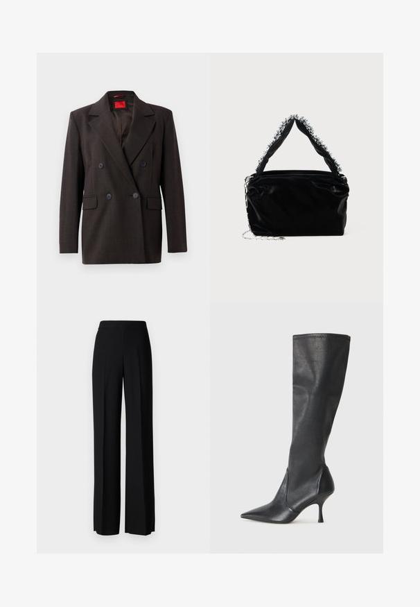 Tumedast pruunist saablaseemnega kahepoolne bleiser, millel on teravad kraed, kaks esistaskut ja mustad nööbid. Sile tekstuur ja kohandatud lõige. Punane sisekleeps.; Must olnud mustast pehmest puuvillast. Omab ümmargust kaelust ja tavalist allserva. Lihtne disain, ilma nähtavate mustrite või aktsentideta.; Mustad laiad püksid mustas värvitoonis, sujuva tekstuuri ja kõrge vöökoha ning keskmiste voldikutega. Ilma nähtavate mustrite või tarvikute detailideta.; Knee-high mustad nahksaapad terava nina ja kitsaste stiilsete kontsadega. Sile tekstuur sobiva disainiga ja õmblused ülemisel serval.; Must mustrepp nahkakäekott, millel on tekstuuriga viimistlus, esitades pehme hõbedase aktsendi pealt käepideme juures ja kettainet.