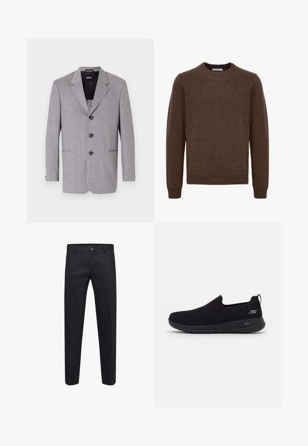 Grau gestreifter Blazer aus einem Stoff mit glatter Textur. Er hat auffällige Revers, drei Knöpfe und zwei vordere Taschen.; Brauner Strickpullover mit Rundhalsausschnitt, langen Ärmeln, gerippten Bündchen und Saum. Hergestellt aus weichem, strukturiertem Material. Keine Muster oder Akzente sichtbar.; Schwarze maßgeschneiderte Hosen aus einem glatten Stoff mit einem Knopfverschluss, Gürtelschlaufen und Seitentaschen, im geraden Schnitt.; Schwarzer Slip-On Sneaker mit atmungsaktivem Mesh-Obermaterial, runder Zehenpartie und gepolsterter Gummisohle. Mit einem Logo an der Seite.