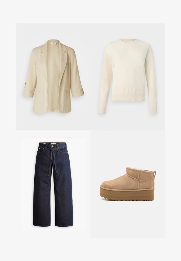Béžový ľanový blejzer s jedným gombíkom, výstrihom do V a rukávmi po tri štvrtiny. Má dve bočné vrecká a voľnejší strih.; Svetlý krémový sveter s dlhými rukávmi, okrúhlym výstrihom a rebrovaným spodným okrajom. Vyrobený z mäkkého materiálu s hladkou štruktúrou.; Široké tmavomodré denimové džínsy s vysokým pásom, so šnúrkou na sťahovanie, piatimi vreckami a kontrastným prešívaním.; Béžové semišové členkové topánky s mäkkým interiérom, vybavené platformovou podrážkou a malým úchytom na zadnej strane pre jednoduché obúvanie. Textúrovaná gumová podrážka.
