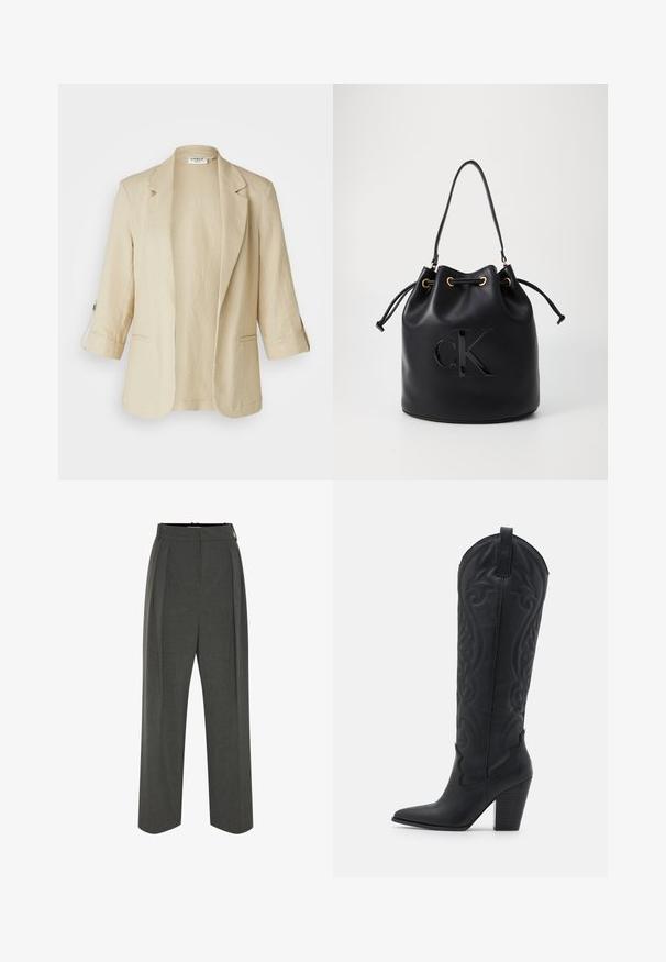 Beige linen blazer with a single-button front, notched lapels, and three-quarter sleeves. Features two side pockets and a relaxed fit.; Black sleeveless top with high neckline made from smooth, stretchy fabric, displayed on plain white background.; Gray wide-leg trousers made of textured fabric, featuring a high waist and front pleats. The design includes a smooth waistband and no visible fastenings.; Zign Cowboy/Biker boots - black; Black leather bucket bag with drawstring closure, featuring a glossy "CK" logo on the front and gold-tone hardware accents.