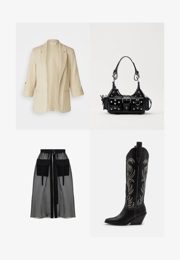 Beige linane bleiser, millel on ühe nupuga esikülg, lõigatud krae ja kolmveerandvarrukad. Omab kahte küljetaskut ja lõdva istuvust.; Musta pikkade varrukatega ülemus, mis on valmistatud läbipaistvast kangast, ümmarguse kaeluse, esise nuppluku ja laineliste servadega varrukatel.; Must mustriga seelik, millel on kogutud vöökoht, kaks suurt esitaskut, vöötie ja ringikujuline metallaktsent.; Mustad mustad nahast cowboy saapad terava ninaga, vööndkanna ja hõbedaste tikanditega lillemustritega varred. Kontrastõmblused üle kogu.; Must värvi nahast käekott, millel on kaarjas disain, hõbedased nupukesed, kinnitusahe ja kaks külgtaskut. Reguleeritav rihm erinevate kandmisvõimaluste jaoks.