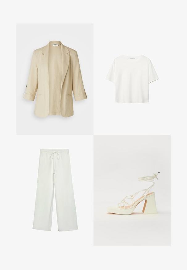 Beige linneblazer med en knapp framtill, nedskurna slag och trekvartslånga ärmar. Har två sidfickor och en avslappnad passform.; Vit t-shirt med kort ärm i bomull. Har en rundad halsringning och en avslappnad passform. Slät textur utan synliga mönster eller detaljer.; Vita vida byxor i mjukt tyg. Har en elastisk midja med dragsko och en slät yta. Inga synliga mönster eller metalldetaljer.; Vit högklackad sandal med en kraftig klack, med ett remdesign och ankelband. Slät textur med en plattform framtill för ökad höjd.