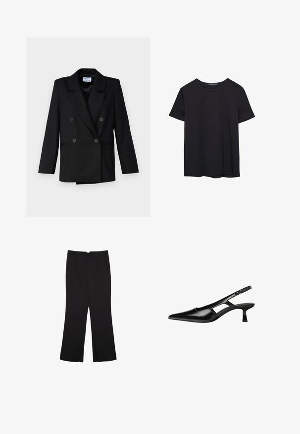 Černý dvouřadý sako s našpanovanými klopami, vybavené dvěma předními kapsami a šesti odpovídajícími knoflíky, vyrobené z texturované látky.; Jednoduché černé bavlněné tričko s krátkým rukávem a kulatým výstřihem, vystavené na bílém pozadí.; Černé kalhoty s rovným střihem, s předními kapsami a bočními rozparky na lemu. Vyrobené z jemné, hladké tkaniny. Vhodné na různé příležitosti.; Černé lakované lodičky na podpatku se špičatou špičkou, výřezovým designem na boku a malým čtvercovým podpatkem. Hladká textura s minimálními akcenty.