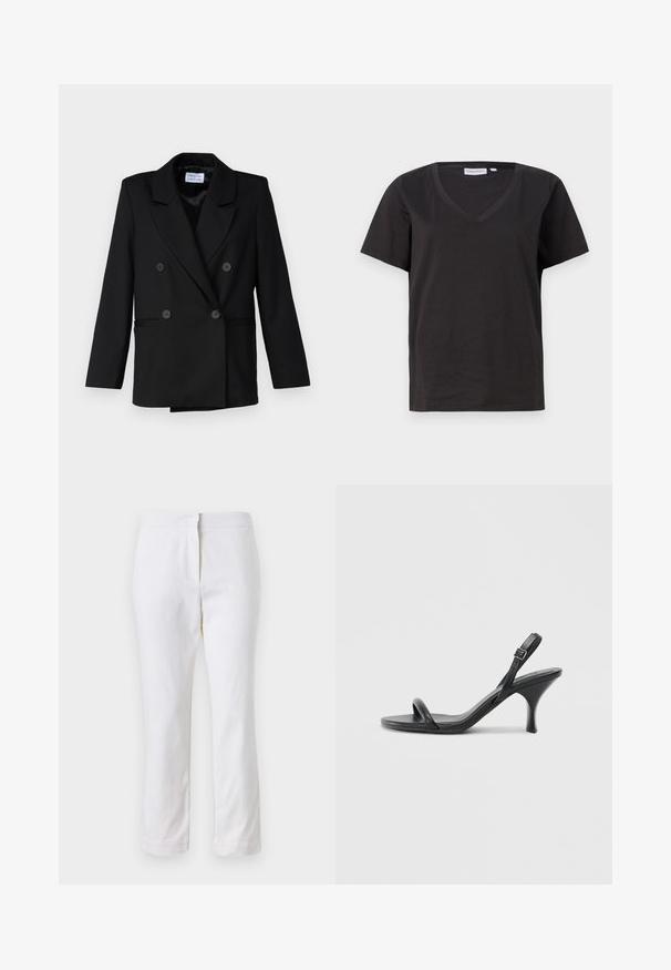 Črna dvoredna blazer jakna s piko ovratnikom, ki ima dve sprednji žepi in šest ustreznih gumbov, izdelana iz teksturiranega materiala.; Črna bombažna majica s kratkimi rokavi in V-izrezom. Preprost dizajn z običajnim krojem in brez vzorcev ali dodatkov.; Beli bombažne hlače s ravnim krojem, srednje visoko pasom, brez vidnih kovinskih elementov ali vzorcev. Gladka textura po vsej površini.; Črne usnjene visoke sandale s tankim, ukrivljenim petam in obliko križanih trakov. Nastavljiv trak okoli gležnja. Gladka tekstura.