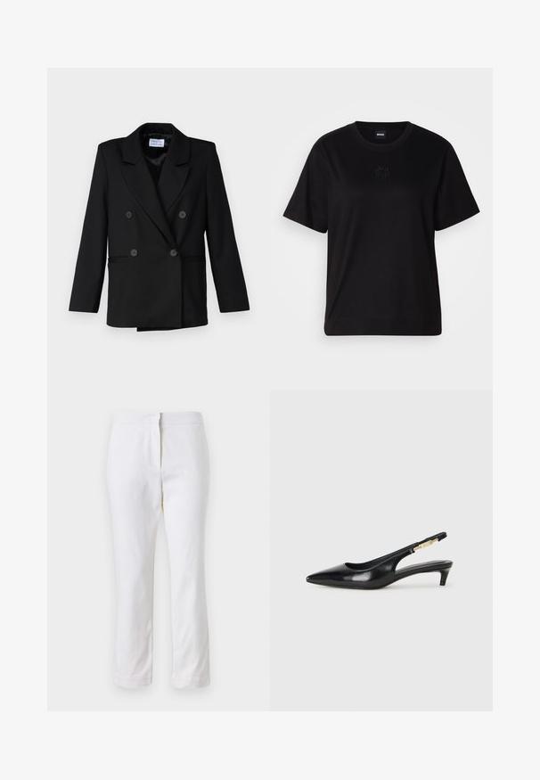 Črna dvoredna blazer jakna s piko ovratnikom, ki ima dve sprednji žepi in šest ustreznih gumbov, izdelana iz teksturiranega materiala.; Črna bombažna majica s krožnim izrezom, kratkimi rokavi in izvezenim logotipom na prsih. Preprosta, sproščena silhueta brez vzorcev.; Beli bombažne hlače s ravnim krojem, srednje visoko pasom, brez vidnih kovinskih elementov ali vzorcev. Gladka textura po vsej površini.; Črne usnjene sandale na peto z ostro konico, ki imajo tanko peto in zlat ton na nastavljivem traku. Gladka tekstura.