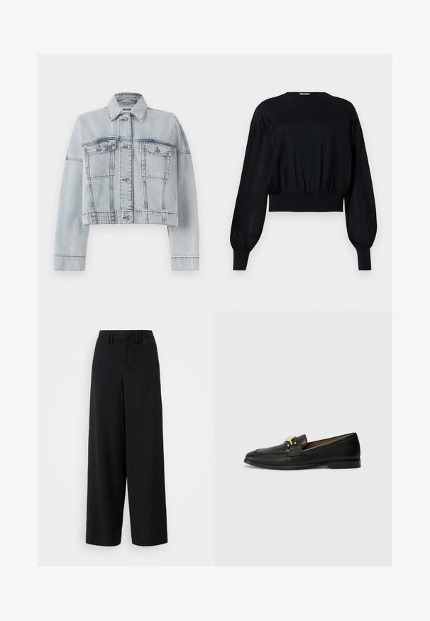 Šviesiai mėlyna džinsinė striukė su trumpintu dizainu, turinti dvi priekinės kišenes, sagų uždarymą ir klasikinį apykaklę. Lygus tekstūra ir siuvinėjimo detalės.; Juoda trumpa bluzoną su apvalia iškirpte, pūstomis ilgomis rankovėmis ir dryžuotais rankogaliais. Yra tvirtas elastingas juosmuo ir permatomos šoninės dalys.; Juodi plačių kojų kelnės, pagamintos iš lygaus audinio, su plokščiu priekiniu dizainu, raukšlėtėmis ir diržo kilpomis ant juosmens.; Juodų odinių loafers batų su auksiniu akcentu, suapvalintu priekiniu grabu, siuvinėjimo detalėmis ir plokščiu padu patogiam dėvėjimui.