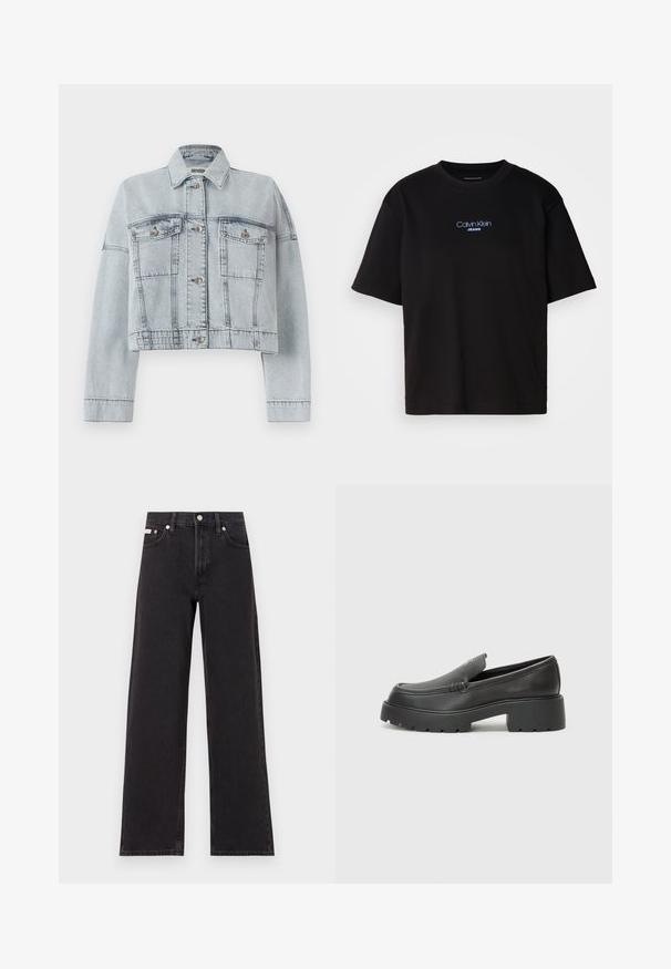 Chaqueta de mezclilla azul clara con un diseño corto, que presenta dos bolsillos frontales, cierre de botones y un clásico cuello. Textura suave y detalles cosidos.; Camiseta de algodón negra con cuello redondo, manga corta y el logotipo azul bordado de "Calvin Klein JEANS" en el frente.; Jeans anchos de mezclilla negros, con cintura alta, cinco bolsillos y cierre de botón metálico con costuras contrastantes.; Mocasines de piel negra con punta redondeada, suela texturizada gruesa y mínimos detalles de costura. Diseño elegante sin cordones o herrajes visibles.