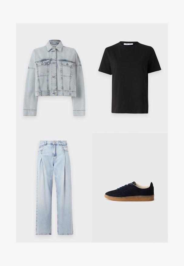 Vaaleansininen farkkutakki, jossa on lyhennetty muotoilu, kahdella etutaskulla, nappisuljenta ja klassinen kaulus. Sileä pinta ja tikatut yksityiskohdat.; Musta lyhythihainen t-paita, joka on valmistettu pehmeästä puuvillasta. Paitassa on pyöreä kaula-aukko, rento malli ja sileä pinta. Ei näkyviä kuvioita tai graafisia elementtejä.; Vaaleansiniset farkut, joissa on korkea vyötärö, leveälahkeinen leikkaus, kaksi sivutaskua ja pleatattu muotoilu. Pehmeä rakenne, jossa on haalistunut viimeistely.; Laivastonsininen mokkanahkainen tennari, jossa on kuminahkainen pohja, siniset nauhat ja minimalistinen muotoilu. Sivussa on kohokuvioitu logo ja sisäpuolella sileä vuori.