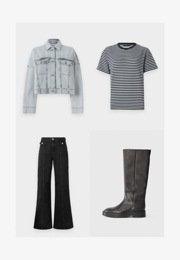 Casaco de ganga azul claro com um design cropped, apresentando dois bolsos frontais, fecho de botão e uma gola clássica. Textura suave e detalhes cosidos.; T-shirt às riscas com riscas horizontais em preto e branco, decote redondo e mangas curtas. Feita de tecido leve e macio.; Jeans flare em denim preto com cintura alta, apresentando dois bolsos frontais, detalhes em metal prateado e costura visível na parte da frente.; Bota de couro preta até o joelho com sola grossa e logo discreto da Calvin Klein próximo à borda superior, vista de lado.