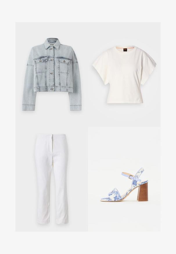 Světle modrá džínová bunda s cropped designem, která má dvě přední kapsy, knoflíkové zapínání a klasický límec. Hladký povrch a šité detaily.; Bílý zkrácený T-shirt, krátké široké rukávy, měkký bavlněný materiál, kulatý výstřih s jemným oranžovým lemováním, minimalistický design, bez vzorů nebo grafik.; Bílé bavlněné kalhoty s rovnou nohavicou, s středně vysokým pasem a bez viditelných kovových prvků nebo vzorů. Hladká textura po celém povrchu.; Modré sandály s květinovým potiskem, čtveratou špičkou, širokým páskem a nastavitelným páskem kolem kotníku, s texturovaným dřevěným blokovým podpatkem.