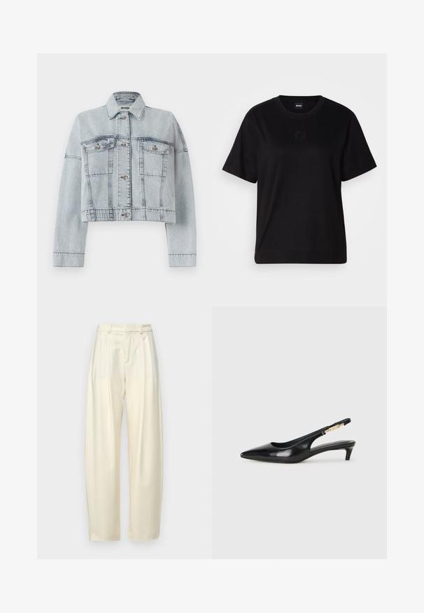 Vaaleansininen farkkutakki, jossa on lyhennetty muotoilu, kahdella etutaskulla, nappisuljenta ja klassinen kaulus. Sileä pinta ja tikatut yksityiskohdat.; Musta puuvillapaita, jossa on pyöreä kaula-aukko, lyhyet hihat ja brodeerattu logo rinnassa. Yksinkertainen, rento istuvuus ilman kuvioita.; Pleated, korkeavyötäröiset housut vaalean kerma värisestä kankaasta. Ominaisuuksina suora leikkaus ja sileä pinta. Ilman taskuja tai näkyviä kiinnikkeitä.; Mustat nahkaiset slingback-korkokengät, joissa on terävä kärki, ohuet korot ja kultasävytteinen yksityiskohta säädettävässä hihnassa. Silkkinen pinta.