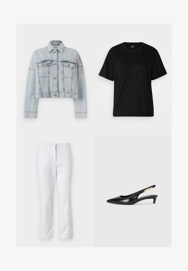 Svetlo modra denim jakna s skrajšanim dizajnom, ki vključuje dve sprednji žepki, zapiranje na gumb in klasičen ovratnik. Gladka tekstura in šivani detajli.; Črna bombažna majica s krožnim izrezom, kratkimi rokavi in izvezenim logotipom na prsih. Preprosta, sproščena silhueta brez vzorcev.; Beli bombažne hlače s ravnim krojem, srednje visoko pasom, brez vidnih kovinskih elementov ali vzorcev. Gladka textura po vsej površini.; Črne usnjene sandale na peto z ostro konico, ki imajo tanko peto in zlat ton na nastavljivem traku. Gladka tekstura.