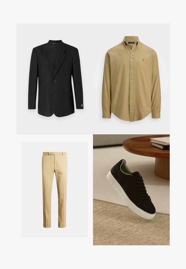Black blazer made from smooth fabric, featuring a notched lapel, two front pockets, two buttons, and a subtle logo on the sleeve.; Light brown, long-sleeved button-down shirt with a collared neckline, made of a textured fabric. Features a small logo on the chest.; Khaki chinos made of smooth cotton fabric, featuring a fitted design, front pleats, and cuffs at the ankle for a tapered look.; Black sneaker with white sole floating above beige textured rug near round wooden table with stacked books.