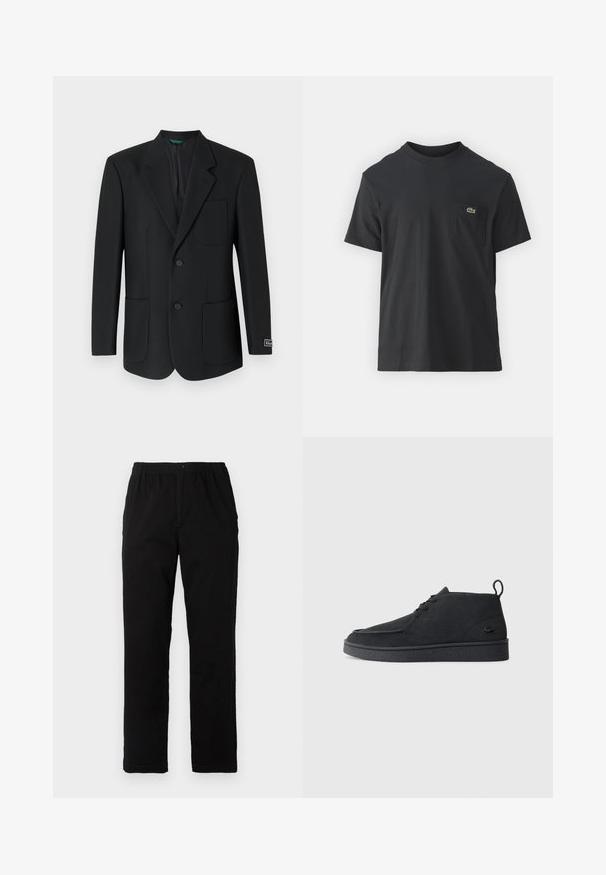 Černý blejzr vyrobený z hladké tkaniny, s klopovým límečkem, dvěma předními kapsami, dvěma knoflíky a jemným logem na rukávu.; Černé bavlněné tričko s krátkým rukávem, kulatým výstřihem a malým zeleným logem na levé kapse. Jednoduchý design, klasický střih.; Černé kalhoty vyrobené z bavlněné směsi, s rovný střih, elastickým pasem s knoflíkem a bez viditelných vzorů či akcentů.; Černé semišové kotníkové boty na šněrování s poutkem a texturovanou podrážkou, s malým reliéfním krokodýlím logem na boku.
