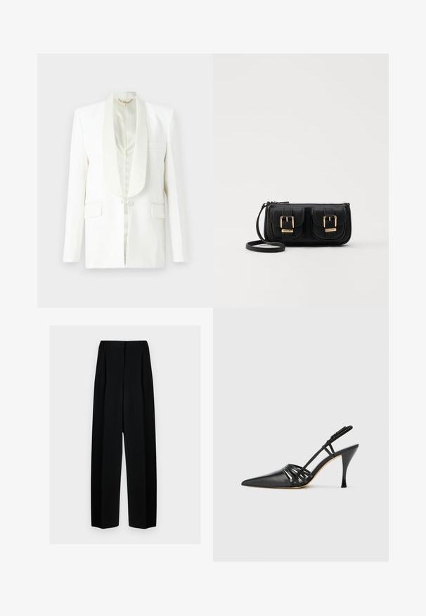 Sacou alb cu revere din satin, două buzunare frontale și închidere cu un singur nasture. Textură netedă, formă ajustată, fără broderii.; Top negru fără mâneci, cu guler înalt, realizat dintr-un material texturat cu nervuri și cu un design fitted. Material neted, fără alte detalii decorative.; Pantaloni negri evazați cu talie înaltă, având plisseuri și o textură netedă. Țesătura pare ușoară și se așază elegant.; Pantofii cu toc slingback din piele neagră, cu vârful ascuțit, design cu curea în cruce și toc stiletto subțire. Textură netedă și accente minime.; Geantă neagră din piele, tip crossbody, cu două buzunare frontale, catarame aurii, închidere cu fermoar și o curea subțire. Suprafață texturată și formă rectangulară compactă.