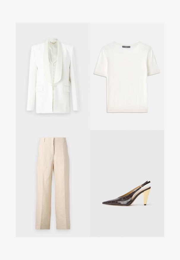 Biała marynarka z satynowymi klapkami, dwoma przednimi kieszeniami i pojedynczym zapięciem na guzik. Gładka tekstura, dopasowany kształt, bez ozdób.; Biała krótki rękaw dzianinowa bluzka z okrągłym dekoltem, charakteryzująca się gładką teksturą i subtelnymi prążkowanymi akcentami na rękawach oraz u dołu.; Beżowe spodnie lniane o luźnym kroju, z plisowanym przodem i prostymi nogawkami. Posiadają pasek w talii z szlufkami i brak widocznych kieszeni.; Sandały na obcasie z przeszyciem w ciemnym brązowym lakierowanym faux krokodyle. Posiadają złoty geometrzyczny obcas oraz regulowany pasek wokół kostki.