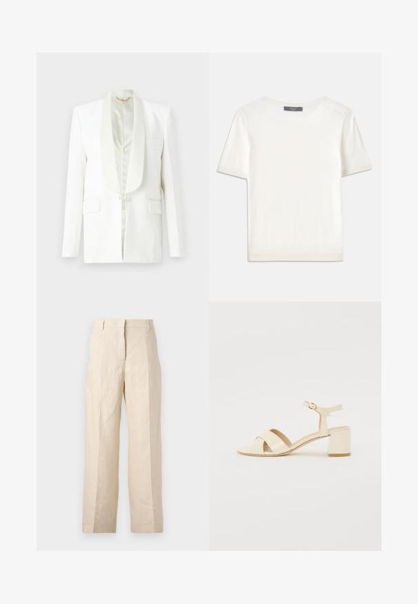 White blazer with satin lapels, two front pockets, and a single button closure. Smooth texture, tailored shape, no embellishments.; White short-sleeve knit top with a round neckline, featuring a smooth texture and subtle ribbed accents at sleeves and hem.; Beige linen trousers with a loose fit, pleated front, and straight legs. Features a waistband with belt loops and no visible pockets.; Beige patent leather heeled sandals with cross strap design, open toe, adjustable ankle strap, and a block heel. Smooth texture.