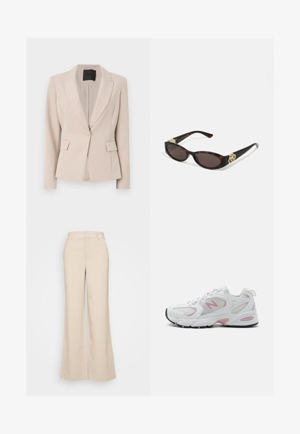 Blazer de tejido beige claro, con solapa, cierre de un solo botón, bolsillos frontales y corte entallado. Textura suave.; Hofmann Copenhagen EXCLUSIVE GENEVIVE - Top - off white; Pantalones de pierna ancha beige con una textura suave, que presentan una cintura alta y dos bolsillos frontales. Diseño limpio con un ajuste entallado.; Zapatillas deportivas blancas con parte superior de malla y sintético, acentos en rosa, cuello acolchado y suela de goma negra. Presenta perforaciones visibles y logotipo.; Gafas de sol carey con lentes ovalados alargados, tintado marrón, acentos de logo dorado en las patillas y brazos negros elegantes.; Bolso floral blanco con superficie de tela fruncida, correa de cadena en tono dorado y cierre de metal. Presenta pétalos texturizados para un detalle adicional.