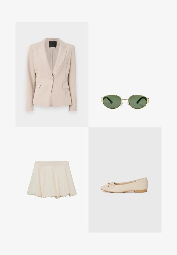 Blazer od svijetlo bež tkanine, s reverima, pojedinačnim kopčanjem na dugme, prednjim džepovima i prilagođenim krojem. Glatka tekstura.; Svijetloplavi košulja dugih rukava s okovratnikom na dugmad, jednim džepom na prsima i opuštenim krojem. Glatka tekstura tkanine i klasičan dizajn.; Suknja boje kreme s mekom, glatkom teksturom, lepršavim dizajnom i obrubom s valovima. Ima široku, elastičnu struk koja osigurava udobnost.; Bež baletanke od glatkog sintetičkog materijala. Imaju mali blok petu, a na prstima se nalazi čvor s zlatnim akcentima.; Smešak sunčanih naočala s okvirom zlatne boje i zelenim nijansama, ovalnog oblika, crnim drškama i prozirnim jastučićima za nos. Čist, minimalistički dizajn.; Crna kožna hobo torba sa opuštenim dizajnom, širokim naramenicama i glatkom teksturom. Ima jedan zatvarač s jedne strane.