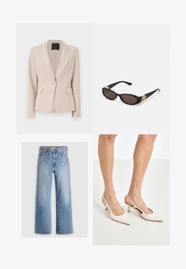 Blazer de tejido beige claro, con solapa, cierre de un solo botón, bolsillos frontales y corte entallado. Textura suave.; Camisa de botón a rayas azules con cuello, mangas largas y dobladillo curvado. La tela parece suave y ligera. Cierre de botón en la parte delantera.; Pantalones vaqueros de mezclilla de corte ancho en azul claro, con cintura alta, zonas desteñidas, cinco bolsillos y costuras en contraste. Cierre clásico con botón y cremallera.; Tacones slingback de charol beige con punta afilada y un tacón de 5 cm, con lados recortados y una delgada correa en el tobillo.; Gafas de sol carey con lentes ovalados alargados, tintado marrón, acentos de logo dorado en las patillas y brazos negros elegantes.