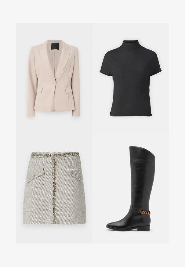 Blazer in tessuto beige chiaro, con colletto a scollatura, chiusura con un solo bottone, tasche frontali e vestibilità sagomata. Texture morbida.; Top nero a maniche corte e colletto alto, realizzato in tessuto leggero con una superficie liscia e dalla forma aderente, caratterizzato da un collo alto.; Gonna in tweed intrecciato con un motivo a spina di pesce bianco e nero, dotata di due tasche frontali e una zip dorata sul retro con bordi sfrangiati.; Alti stivali in pelle nera dal design elegante, punta affusolata e dettagli in catena dorata alla caviglia. Tacco a blocco basso. Texture liscia.