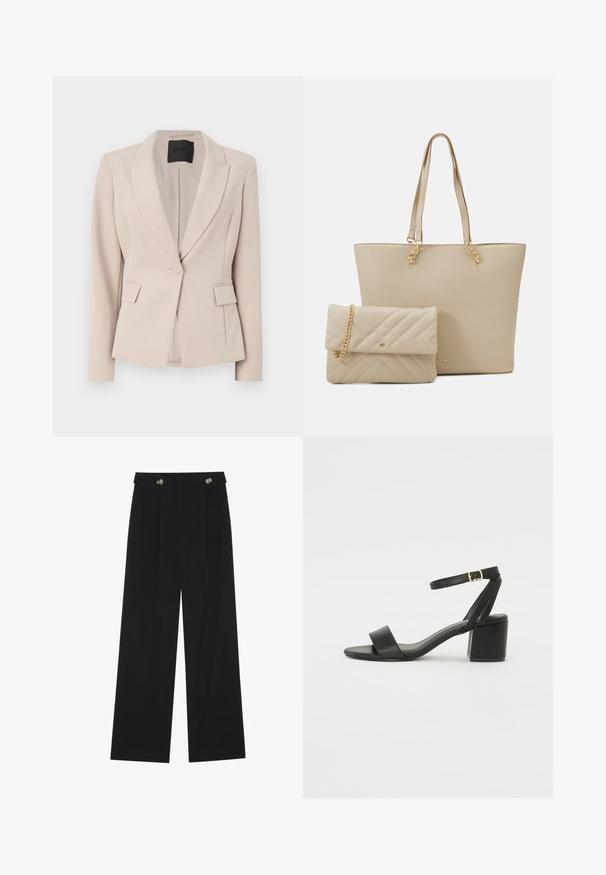 Blazer van lichtbeige stof, met een reverskraag, enkele knoopsluiting, voorzakken en een getailleerde pasvorm. Soepele textuur.; Twee shirts met lange mouwen, één zwart en één wit, beide met een vierkante halslijn en gemaakt van zacht, rekbaar materiaal.; Zwarte wijde broek met hoge taille, knoopdetails op de tailleband en plooien aan de voorkant.; Zwarte hoge sandaal met een soepel leren bovenkant, een open teen, brede voorkruisbanden en een verstelbare enkelband met een gouden gespdetail.; Beige shoppers tas met platte handvatten, een gladde textuur en gouden accenten, gecombineerd met een bijpassende doorgestikte clutch met een kettingband.