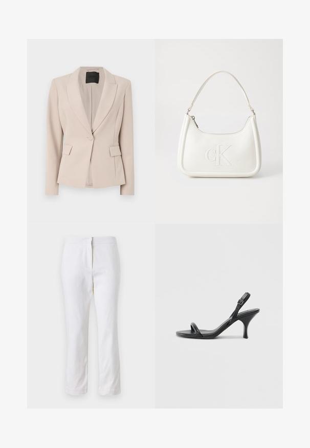Helebeežist riidest bleiser, millel on nurgelise krae, ühe nupuga kinnitamine, eesmine taskud ja kohandatud lõige. Sile tekstuur.; Valge lühikeste laiadte varrukatega lühike T-särk, pehme puuvillane materjal, ümar kaelus kergelt oranži ääristusega, minimaalne disain, ilma mustrite ja graafikateta.; Valged puuvillased püksid sirge lõikega, keskmise kõrgusega vöökoht ja ilma nähtavate detailide või mustriteta. Ühtlane sile tekstuur.; Mustad nahast kõrgete kontsadega sandaalid, millel on saledad, kõverad kontsad ja ristatud rihma disain. Reguleeritav pahkluu rihm. Sile tekstuur.; Valge nahast käekott, millel on kumer kuju, esiküljel on reljeefne "CK" logo ja üks õlavarre rihm. Ülemine tõmblukkuu.