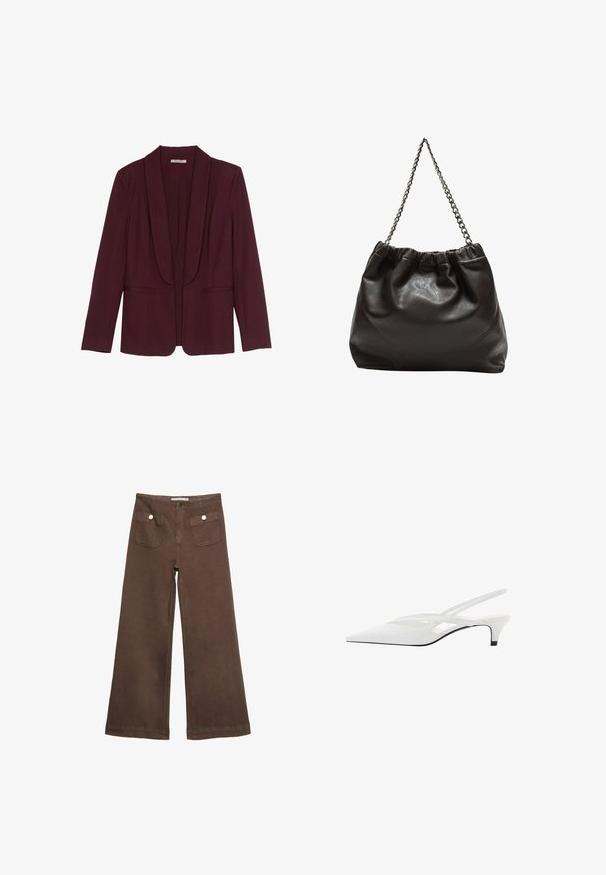 Burgundyröd blazer med sjalkrage, dubbla framfickor och en mjuk tygyta. Strukturerad passform med lång ärm och utan knappar.; Brun kortärmad t-shirt i mjukt tyg, med rund halsringning och avslappnad passform. Inga synliga mönster eller detaljer.; Bruna vida byxor i bomull med två framfickor med silverknappar och en slät yta.; Vit slingback-häl med spetsig tå, med en slät ovandel, subtila utskärningar och en låg blockklack. Svart sula framhäver designen.; Brun läderväska med rynkad topp och kedjesnodd. Slät textur med en blankslipad yta och subtila sömdetaljer på sidorna.