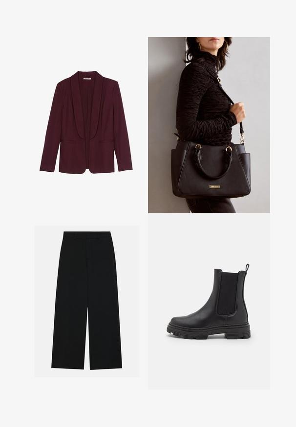 Burgundy blazer with a shawl collar, dual front pockets, and a smooth fabric texture. Structured fit with long sleeves and no buttons.; Navy and white striped long-sleeve top with a boat neckline and gold-button accents on rolled sleeves. Soft fabric, relaxed fit.; Wide-leg black trousers made of a smooth fabric. Features a flat waistband with belt loops and no visible pockets. Simple design.; Black leather ankle boot with elastic side panels, rounded toe, and textured rubber sole. Features a loop at the back for easy wear.; Black handbag with textured surface, dual top handles, and adjustable shoulder strap. Features gold-tone hardware and side pockets.