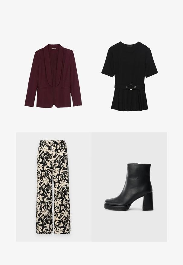 Burgundijas žakete ar šallītes apkakli, divām priekšējām kabatām un gludu auduma tekstūru. Strukturēta piegriezuma ar garām piedurknēm un bez pogām.; Melnas īsām piedurknēm topiņš, izgatavots no gludas materiāla, ar pepluma dizainu un jostu ar divām apaļām sudraba krāsas pogām.; Melni platie bikses ar krēmkrāsas ziedu rakstu. Izgatavotas no viegla auduma, kuram ir gluda tekstūra un augsta jostasvietas daļa.; Melna ādas potīšu zābaku ar bloku papēdi un platformas zoli, skatīts no sāna uz vienkārša balta fona.
