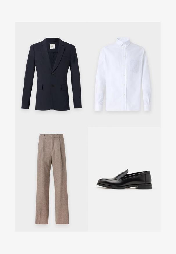 Giacca da abito blu navy con rever piatto, due bottoni e due tasche frontali. Realizzata in tessuto liscio con una vestibilità su misura. Etichetta visibile all'interno.; Camicia bianca a maniche lunghe con bottoni, realizzata in cotone, caratterizzata da una tasca sul petto con ricamo tonale, colletto e polsini con bottoni.; Pantaloni marroni a vita alta realizzati in tessuto testurizzato. Presentano gambe ampie e due pieghe frontali per struttura. Rifinitura curata senza hardware visibile.; Mocassini neri in pelle con una texture liscia, punta arrotondata e una striscia decorativa sulla tomaia. Tacco basso impilato, design minimalista.