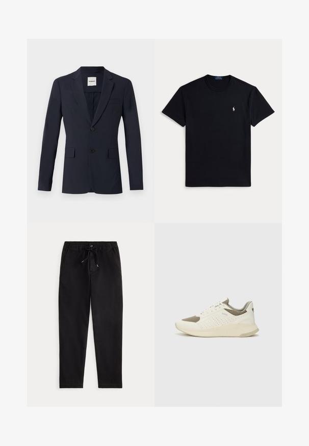Jūras zila uzvalka žakete ar platu atlokiem, diviem pogām un divām priekšējām kabatām. Izgatavota no gluda auduma ar pieguļošu piegriezumu. Etiķete redzama iekšpusē.; Melnā kokvilnas T-krekls ar apaļu kakla izgriezumu, īsām piedurknēm un nelielu izšūtu logotipu kreisajā krūtīs. Gluda tekstūra.; Melnas ikdienas bikses ar elastīgu josta, aukliņu, priekšējo pogu un sānu kabatām, attēlotas uz neitrāla fona.; Baltas un gaiši bež sporta apavi, ar sieta augšdaļu, perforētiem detaļām un teksturētu vidusdaļu ar zīmolu uz papēža.