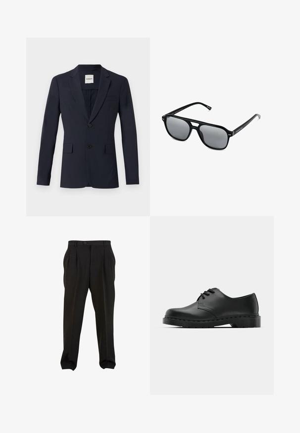 Námořnický modrý oblekový sako s plochými klopami, dvěma knoflíky a dvěma předními kapsami. Vyrobeno z hladkého materiálu s přiléhavým střihem. Štítek viditelný uvnitř.; Bílé bavlněné tílka, bez rukávů, kulatý výstřih, hladká textilie, vyrobená z měkkého, lehkého materiálu. Zobrazeny dva kusy.; Černé kalhoty z hladké tkaniny, se zapínáním na tlačítko v pase, předními sklady a zúženými manžetami u kotníků. Klasický elegantní střih.; Černé kožené oxfordy s šněrováním, zakulacenou špičkou, plochou gumovou podrážkou a jemným prošíváním podél svršku.; Černé sluneční brýle s obdélníkovými rámy, šedými tónovanými skly a designem s výřezem ve střední části. Hladký, lesklý plastový materiál, s úzkými stranami.
