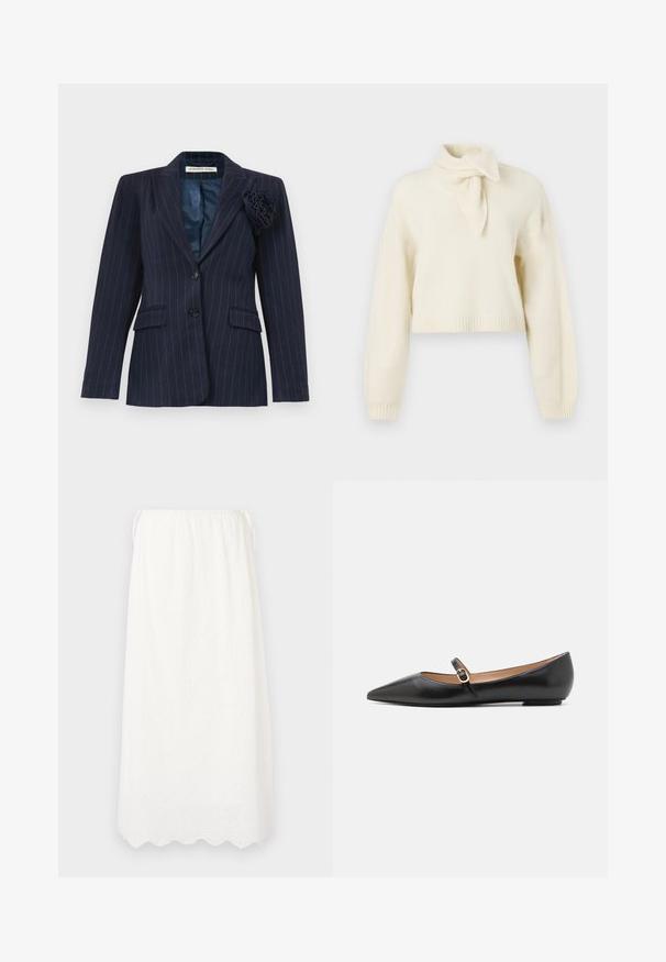 Tumesinine pinstripe bleiser kahe nupuga, klapptaskute, sälgkaare ja vasakul kraeääril kangast lillekese küljekinnitusega.; Lühendatud kreemjas sviiter kõrge kaelusega ja lipsudetailiga, valmistatud pehmest kangast. Omab soonikuga mansette ja äärt.; DESIGNERS REMIX LUNA MAXI SKIRT - Maksiseelik - cream; Musthave mustanahkased balletkingad terava varbaga ja külgrihmaga, millel on ümmargune kuldne aksessuaar. Kerged ja tasase tallaga.