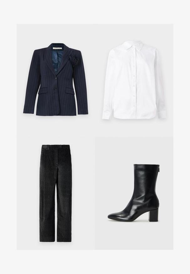 Navy blue pinstripe blazer with two buttons, flap pockets, a notched collar, and a fabric flower pinned on the left lapel.; White long-sleeve button-up shirt made of cotton, featuring a pointed collar and a straight fit with a smooth texture.; Black, textured wide-leg trousers with a pronounced weave, featuring front pleats and a flat waistband. Classic design for versatility.; Black leather ankle boot with a pointed toe and 4 cm block heel. Sleek design features a side zipper for easy wear. Smooth texture.