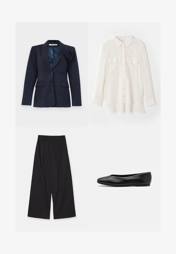 Blazer a righe blu navy con due bottoni, tasche a pattina, colletto a punta e un fiore di stoffa appuntato sulla rispettiva revers sinistro.; Camicia bianca a maniche lunghe realizzata in tessuto leggero. Presenta un colletto classico, due tasche sul petto e un orlo posteriore leggermente più lungo.; Pantaloni neri a gamba larga realizzati in un tessuto liscio, con vita alta, pieghe frontali, chiusura con bottone e silhouette dritta.; Paul Smith TOPANGA - Ballerine - black