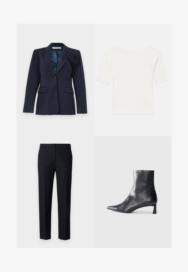 Blazer riscas azul-marinho com dois botões, bolsos com aba, colarinho cortado e uma flor em tecido alfinetada na lapela esquerda.; Top branco de malha com mangas curtas e decote largo. A textura apresenta riscas verticais, realçando um ajuste justo e um design simples.; Calças pretas sob medida, feitas de um tecido liso, com frente plana, cintura padrão e pernas retas com pregas vincadas.; Bota de tornozelo em pele preta com biqueira apontada e um design elegante. Apresenta um salto baixo e um fecho com zipper na parte de trás. Textura suave.