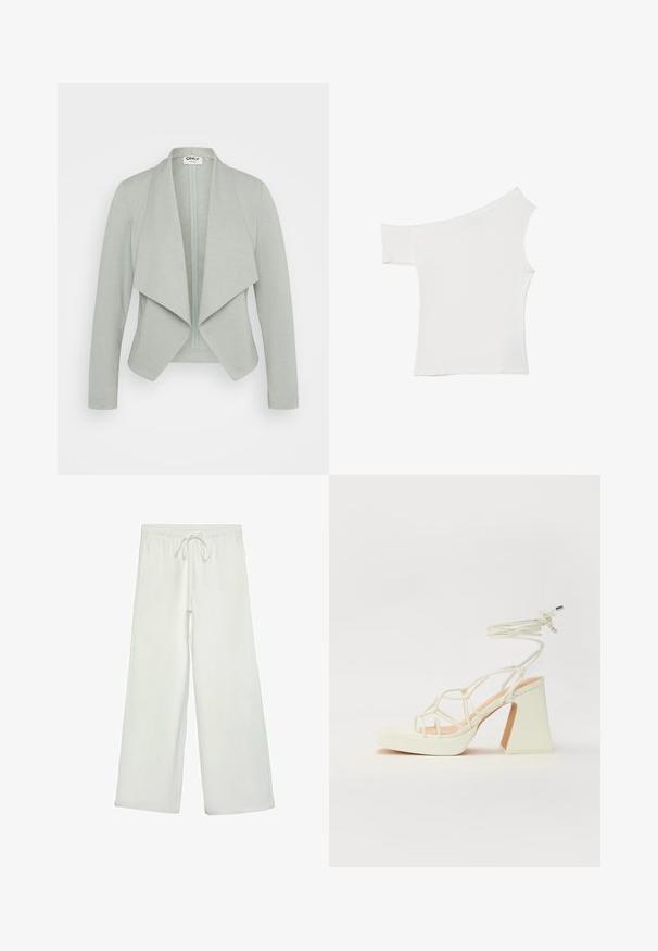 Svijetlo zeleni, prilagođeni zip-up jakna s otvorenim prednjim dijelom, kapuljačom koja se lijepo slijeva, dugim rukavima i mekanim teksturiranim materijalom. Pogodna za slojevito oblačenje.; Asimetrična bela majica iz gladkega blaga, ki ima en kratek rokav in en dizajn brez ramena, s čistim, minimalističnim videzom.; Bele široke hlače iz mehkega blaga. Imajo elastičen pas s vrvico in gladko teksturo. Brez vidnih vzorcev ali kovinskih delov.; Bela sandala na visokih petah s debelim petam, ki ima obliko trakcev in vezanje okoli gležnja. Gladka tekstura z platformo spredaj za dodatno višino.