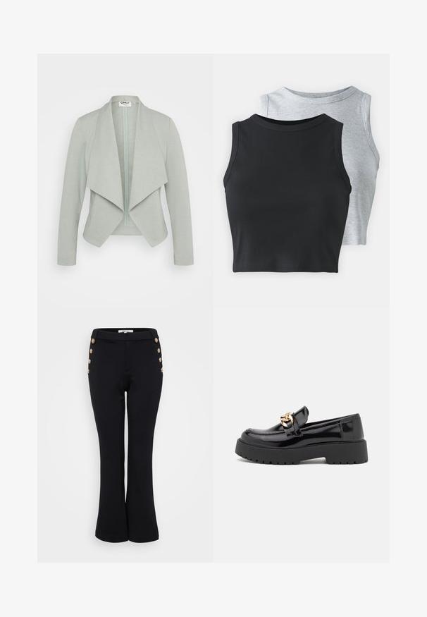 Világoszöld, testhezálló, cipzáras dzseki nyitott elülső résszel, laza gallérral, hosszú ujjal és puha textúrájú anyaggal. Rétegezéshez ideális.; Even&Odd Petite 2 PACK - Felső - light grey/black; Fekete harang szárú nadrág sima anyagból, arany gombdíszítéssel a derékon, amely a részletekre figyel és testhezálló fazont biztosít.; Fekete lakkbőr loaferek tömör fekete talppal és arany hardware díszítéssel. Simább textúrájú és kerek orrú dizájn.