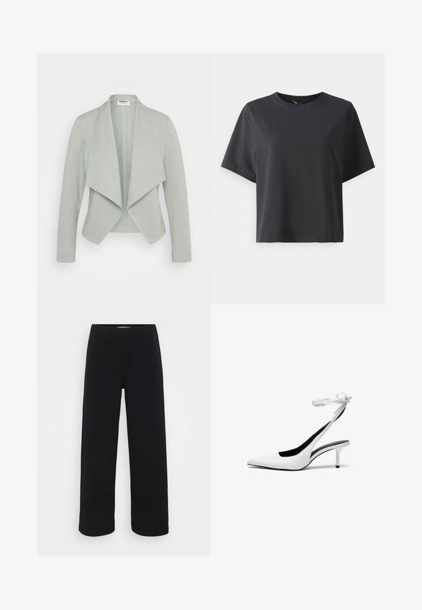 Világoszöld, testhezálló, cipzáras dzseki nyitott elülső résszel, laza gallérral, hosszú ujjal és puha textúrájú anyaggal. Rétegezéshez ideális.; Fekete pamut póló, rövid ujjú, kerek nyakkivágású, laza szabású, sima textúrájú, egyszerű design, minta vagy kiegészítők nélkül.; Fekete, bő szárú nadrág, elasztikus derékkal. Texturált anyagból készült, laza szabású, egyenesen vágva a csípőtől a szegélyig.; Fehér, hegyes orrú, hátsó pánttal ellátott magassarkú cipők vékony boka pánttal. Finom bőrből készült, vékony tűsarkú, és fekete belső béléssel rendelkezik.