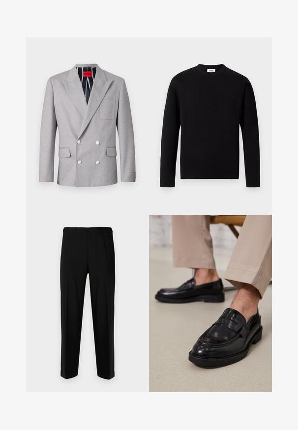 Hallinaga hallhommik, mis on valmistatud tekstuursest kangast. Omab teravaid krae, kahte eesmist taskut ja valgeid nööpe. Vooder on triibuline.; Mustal õlgadega ümar kaelusega särk, mis on valmistatud pehmest kangast. Omab vasakul rinnal taskut ja sirget äärt, millel on minimaalsed tekstuuri detailid.; Mustadest lõngast valmistatud püksid sujuva kangaga, sirge lõikega, kahe esipocketiga ja lukuga nööbiga kinnitatud.; Mustad nahast mokassiinid sileda viimistlusega, dekoratiivse rihma ja kontrastõmblustega, koos beežide pükstega.