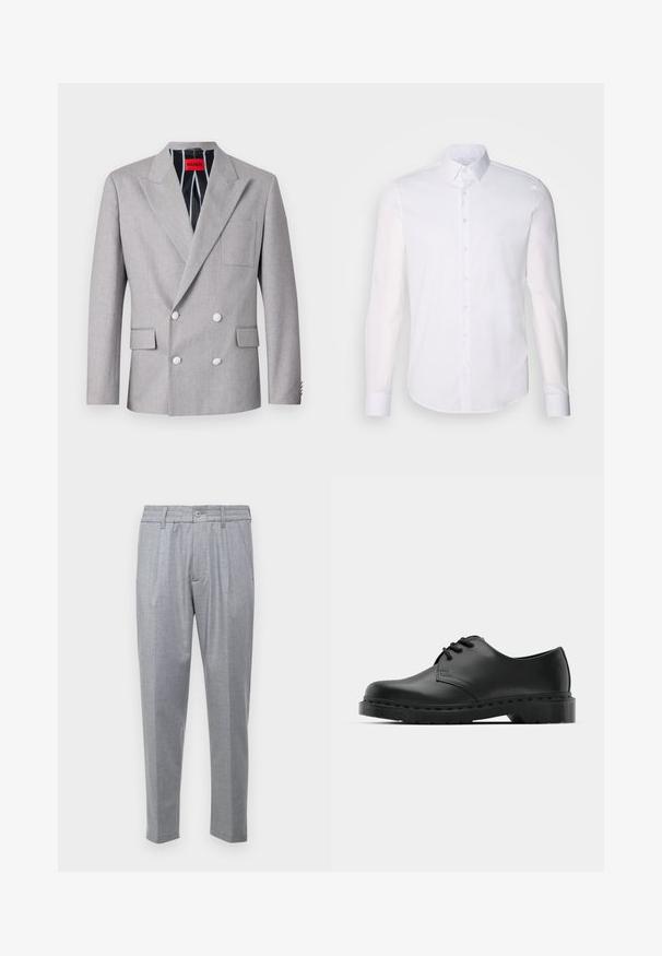 Blazer grigio doppiopetto realizzato in tessuto testurizzato. Presenta rever a punta, due tasche frontali e bottoni bianchi. Fodera con motivo a righe.; Camicia bianca a maniche lunghe con bottoni realizzata in cotone, caratterizzata da un colletto classico, bottoni frontali e dettagli di cucitura minimal.; Pantaloni grigi chiari con tessuto testurizzato, caratterizzati da pieghe, una vita classica e gambe affusolate. Chiusura a bottoni sul davanti.; Scarpa oxford in pelle nera con design con lacci, punta arrotondata, suola piatta in gomma e dettagli di cucitura discreti lungo la parte superiore.