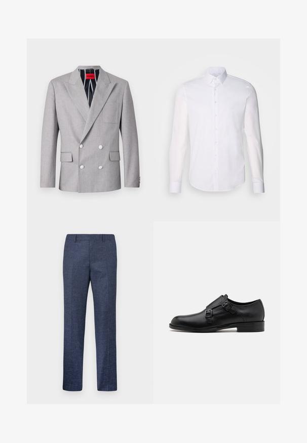 Gray double-breasted blazer made of textured fabric. Features peaked lapels, two front pockets, and white buttons. Lined with striped pattern.; White long-sleeve button-up shirt made from cotton, featuring a classic collar, front buttons, and minimal stitching detail.; Navy blue trousers made from a textured fabric, featuring straight legs, a flat front, and two side pockets. No visible patterns or accents.; Black leather dress shoe with dual buckles, sleek silhouette, and round toe. Features a low heel and smooth texture.